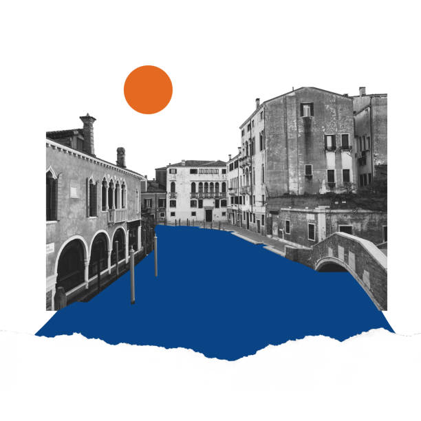 istock Contemporary art collage. Creative design in retro style. Black and white image if beautiful buildings in Venice. Vintage town 1438950084