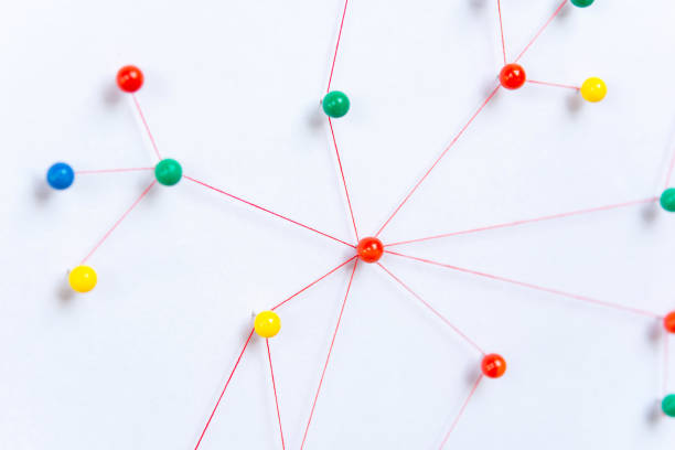 istock Linking entities, Blockchain, social media, Communications Network, The connection between the two networks. Network simulation on paper linked together by yarn 1438951298