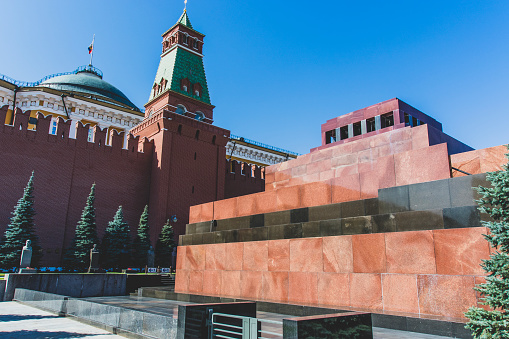 Front view on the Lenin mausoleum and Kremlin wall on Red Square, Moscow, Russia