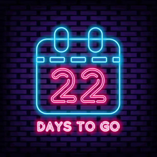 Vector illustration of 22 Days To Go Badge in neon style. Neon script. Announcement neon signboard.