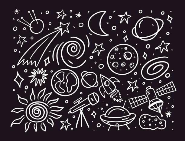 Set space or cosmos elements and objects doodle style. Hand drawn outline vector illustration. Set space or cosmos elements and objects doodle style. Hand drawn outline vector illustration isolated on black background. clip art of a meteoroids stock illustrations