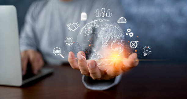 istock Man hand holding virtual Global Internet connection metaverse. Business global internet connection application technology and digital marketing. 1438956068