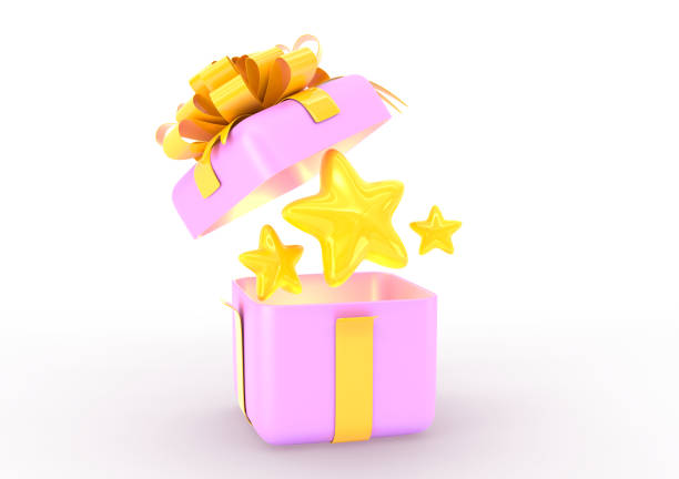 istock 3D Open gift box with game ui stars, gui design element, assets for app user interface, bonus symbol, winner achievement. Isolated cartoon packaging icon with golden ribbon and bow 1438956243