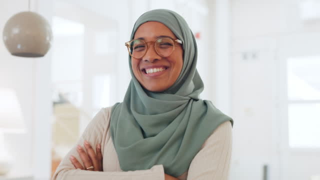 Muslim, proud and business woman in portrait with career motivation, vision for success and international company goal with marketing mock up. Hijab, Arabic or islam employee face in career happiness