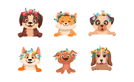 Cute dogs wearing flower crown. Puppy portrait set. Vector cartoon illustrations for nursery design, birthday greeting cards, baby shower posters and children print textile.