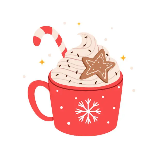 Vector illustration of Red Christmas cup with cocoa and cream and gingerbread. Minimalism, trending style. Christmas atmosphere. Scandinavian style.