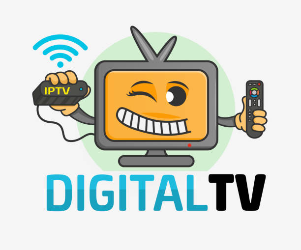 ilustrações de stock, clip art, desenhos animados e ícones de smiling cartoon tv or computer monitor with happy face holding a remote control and tv set-top box. digital tv logo template. tv company. creative media television logotype. - remote television movie box