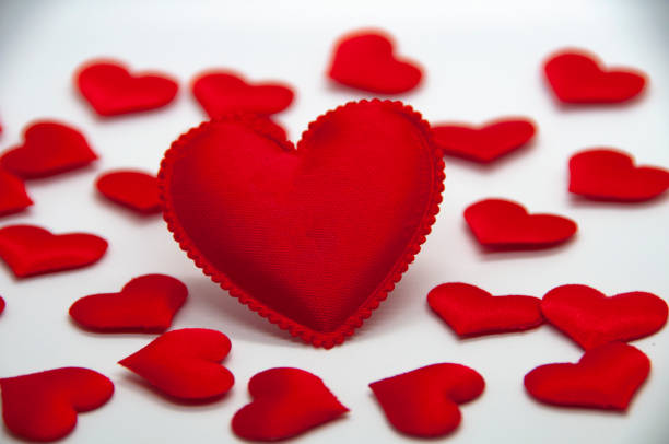 Big heart shape surrounded with other small heart shape on white cover background. With customizable space for text.