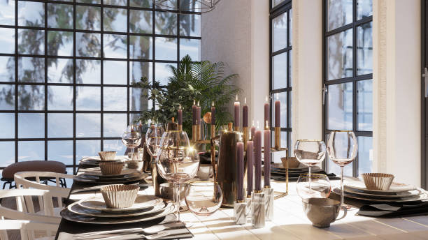 Luxury christmas table decoration with candles. Farmhouse interior design. 3D rendering.