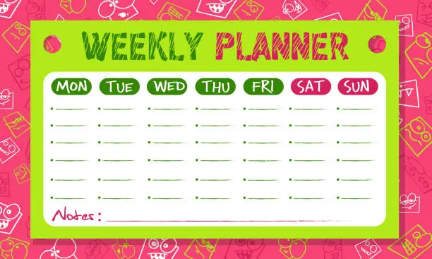 Vector illustration of Concept of daily planning, class calendar in cartoon style. Weekly schedule of classes and lessons on a abstract color background.