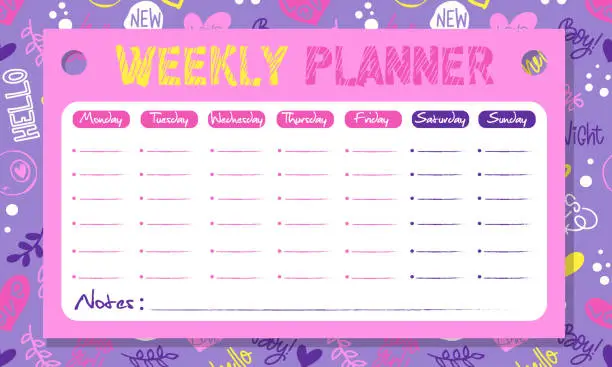 Vector illustration of Concept of daily planning, class calendar in cartoon style. Weekly schedule of classes and lessons on a abstract color background.