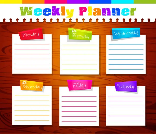 Vector illustration of Concept of daily planning, class calendar in cartoon style. Weekly schedule of classes and lessons on the background of a wooden table.