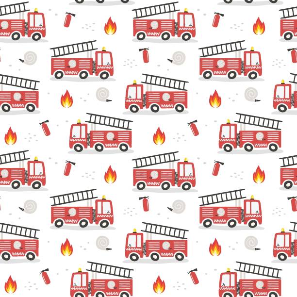 Seamless pattern with cute cartoon fire engines. Flat style. Seamless pattern with cute cartoon fire engines. Can be used for nursery room, textile, wallpaper, packaging, clothing. Flat style. cartoon of a fire truck wallpapers stock illustrations
