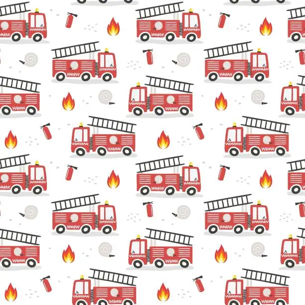 Vector illustration of Seamless pattern with cute cartoon fire engines. Flat style.