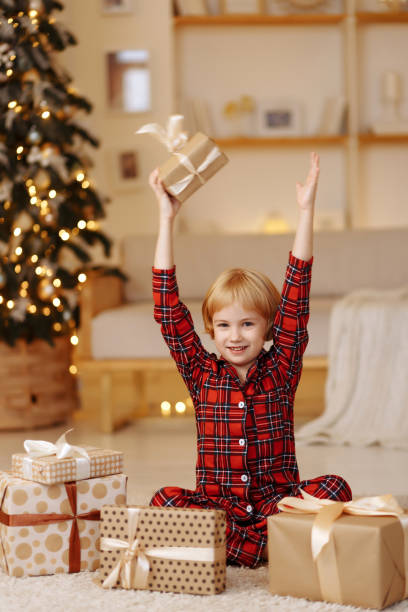 istock The child happily holds a gift over his head. 1438966283