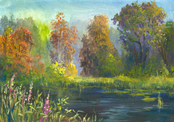 istock river in autumn forest on a sunny day, painting 1438968908