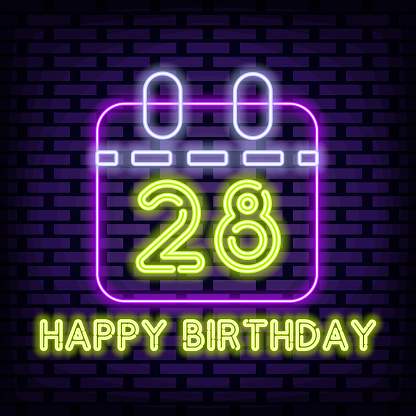 28th Happy Birthday 28 Year old Neon Sign Vector. Neon script. Night advensing.
