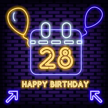 28th Happy Birthday 28 Year old Neon sign. Glowing with colorful neon light. Night advensing.