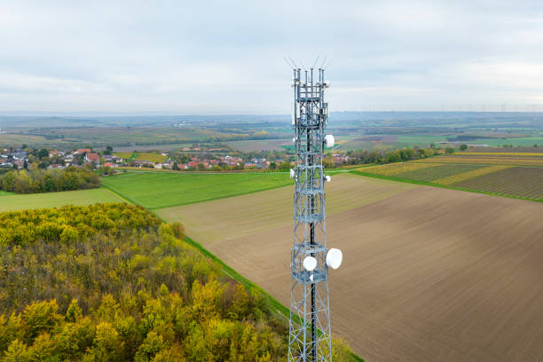 istock Mobile phone base station - aerial view 1438972076