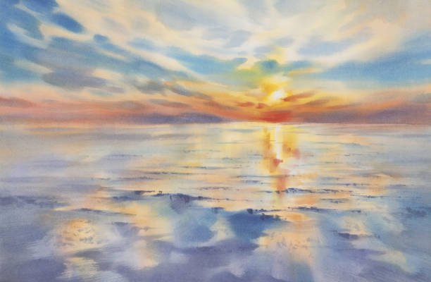 istock Evening sky reflections by the sea watercolor background 1438972095