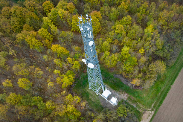 istock Mobile phone base station - aerial view 1438972121