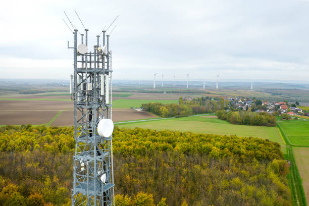 istock Mobile phone base station - aerial view 1438972145