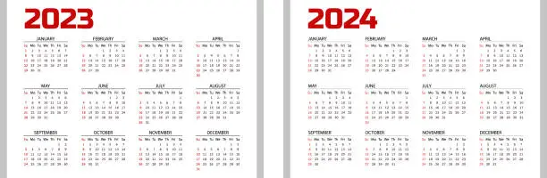 Vector illustration of Horizontal red pocket calendar on 2023 and 2024 year. Vector template