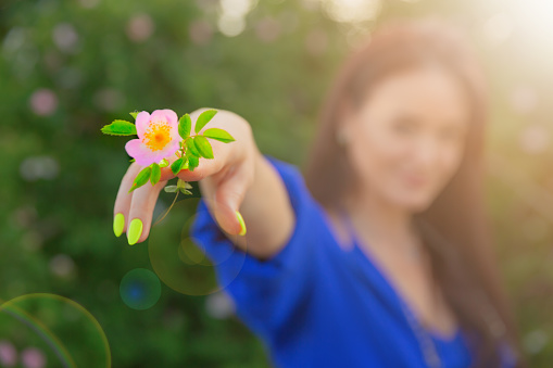 Woman holds and points a pink flower which bathed in sunlight
