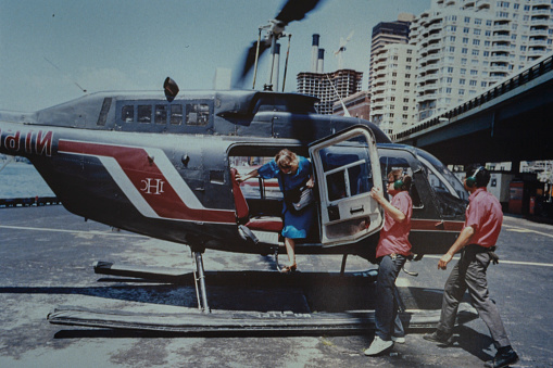 New York, United States may 1973: Helicopter ready to take off in 70s