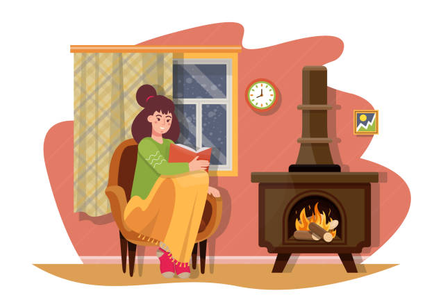 illustrations, cliparts, dessins animés et icônes de femme assise dans le fauteuil recouvert d’une couverture et lisant un livre près d’un poêle avec du bois brûlant. congélation à la maison. réchauffer la pièce avec un appareil de chauffage par temps froid. illustration vectorielle plate. - blanket fireplace winter women