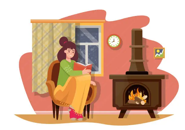 Vector illustration of Woman sitting in the armchair covered in blanket and reading a book near potbelly stove with burning wood. Freezing at home. Warming the room with a heater in cold weather. Flat vector illustration.