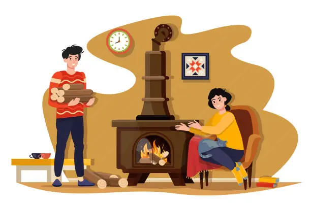 Vector illustration of Man and woman warming their home by burning wooden logs in modern stove. People wearing warm clothes freezing at home in winter. Heating in the room. Flat vector illustration.