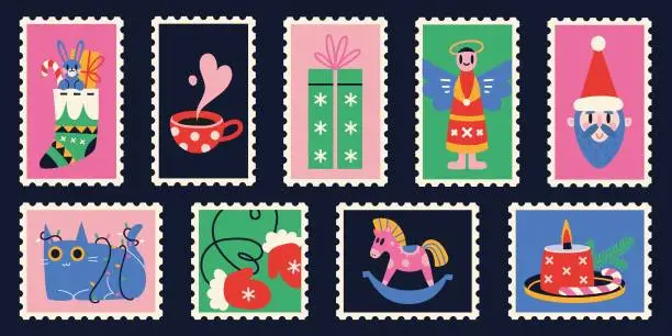 Vector illustration of Set of cute hand-drawn post stamps with Christmas and New Year attributes.