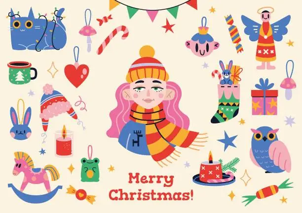 Vector illustration of Cozy winter holiday set of Christmas design elements and girl, cartoon style.