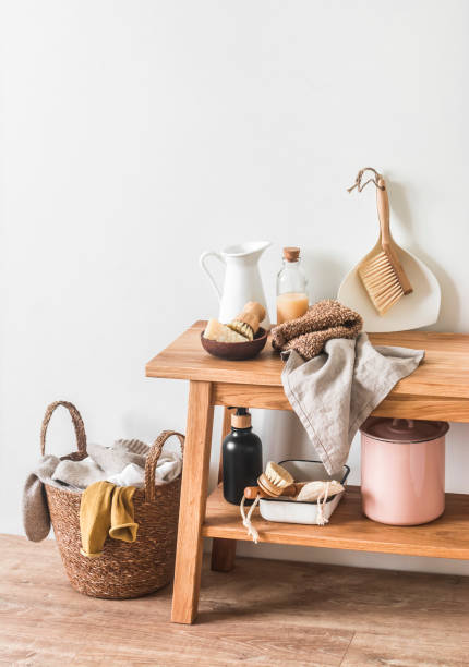 istock Scandinavian style laundry room interior - laundry basket, brushes, rons, cleaning and laundry products 1438981692