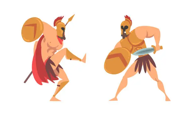 Vector illustration of Spartan Man in Red Cloak and Helmet Armed with Spear and Shield Fighting Vector Set