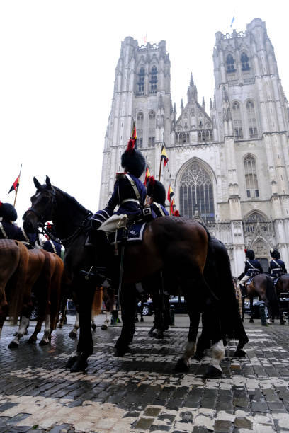 Royal Horse Guards during a ceremony Royal Horse Guards during a ceremony  in front of S t Michael and St Gudula Cathedral in Brussels, Belgium on July 21, 2022. song title stock pictures, royalty-free photos & images