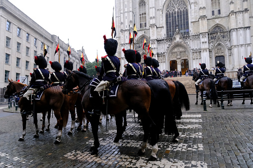 Royal Horse Guards during a ceremony  in front of S t Michael and St Gudula Cathedral in Brussels, Belgium on July 21, 2022.