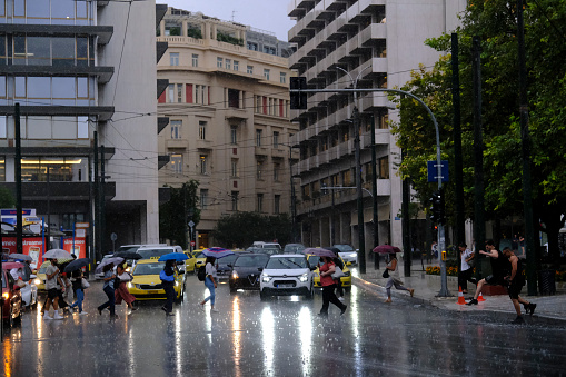 Cars in the street during a rainfall in Athens, Greece on August 23, 2022.