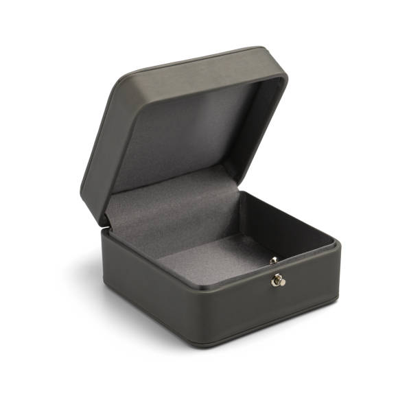 istock Stylish open gray jewelry gift box on white background close-up 1438984418