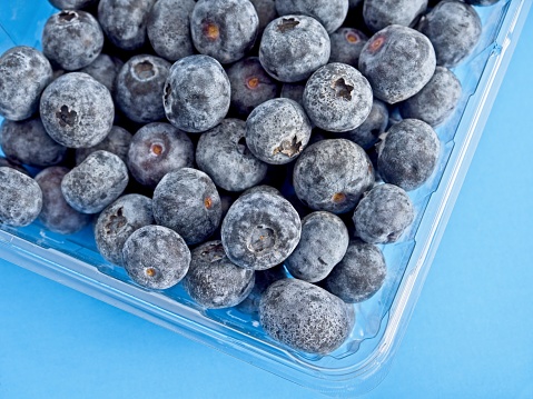 Fresh container of organic blueberries in plastic container on blue background. Close up of berry fruit as part of a healthy diet, with copy space.