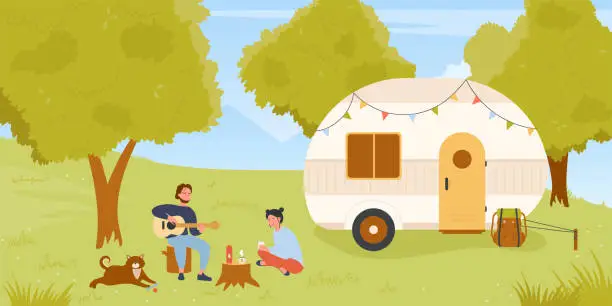 Vector illustration of Summer camping, picnic in forest near camper van, campsite place with couple on vacation