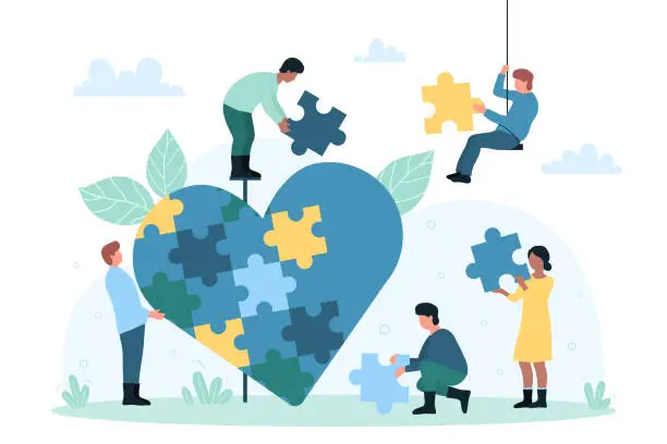 Vector illustration of Charity project, non profit organization, tiny volunteers fit puzzles into heart
