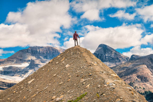 Hiker stands on a peak on the Iceline Trail in the Canadian Rockies, Yoho National Park, BC, Canada.