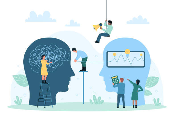 Psychotherapy, change of mind process and chaos while working with mentor and tiny people Psychotherapy, change of mind process while working with mentor vector illustration. Cartoon tiny people work with chaos in abstract human head, solve complex life problem. Therapy, psychology concept managing stress stock illustrations