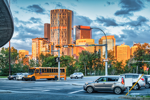 Downtown Calgary Alberta Canada office buildings illuminated by the rising Sun.