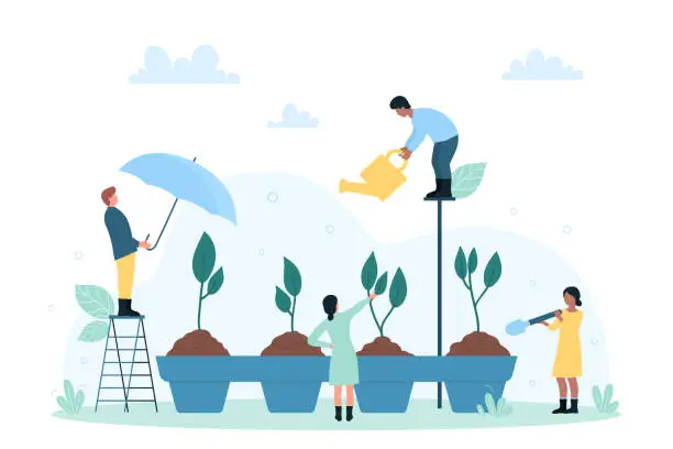 Vector illustration of Eco farming, greenhouse and agriculture, tiny characters take care of growing sprouts