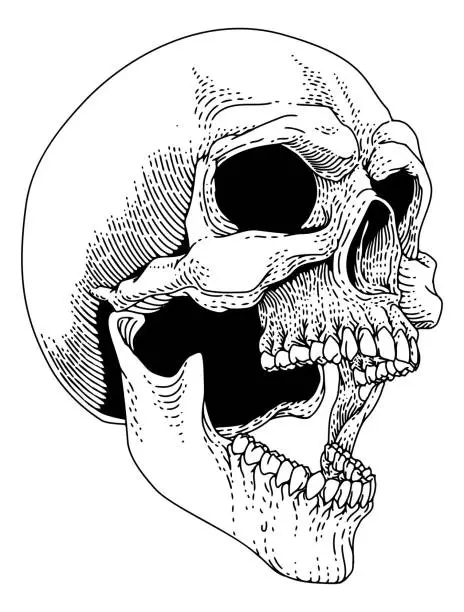 Vector illustration of Screaming Skull Vintage Woodcut Etching Engraving