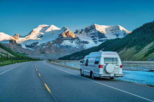 RV van on the Icefields Parkway in Jasper National Park, Canadian Rockies.