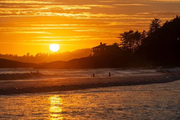 Sunset by Chesterman Beach with surfers in the Pacific Ocean, Tofino, British Columbia, Canada.